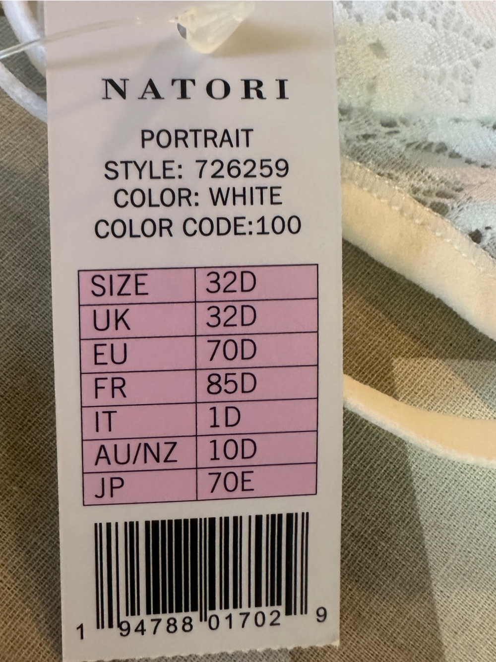 NWT Natori Portrait Lace Underwire Foam Sling Bra White 32D - Picture 2 of 5